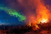 Abstract image of fractured triangles in blue, green, orange, and red.