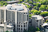 Aerial photo of the iconic Robarts Library at the University of Toronto.