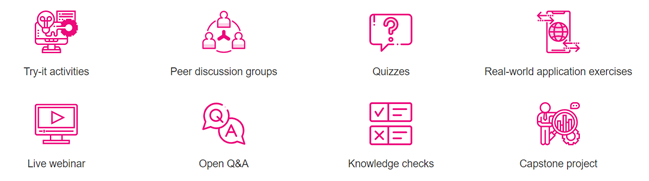 Try it activities, peer discussion groups. quizzes, real-world application activities, live webinar, open Q&A, knowledge checks, capstone project