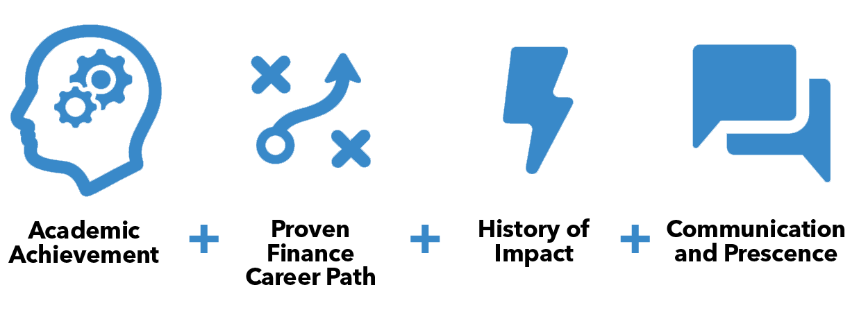 What we look for: Academic Acheivement + Proven Finance Career Path + History of Impact + Communication Presence
