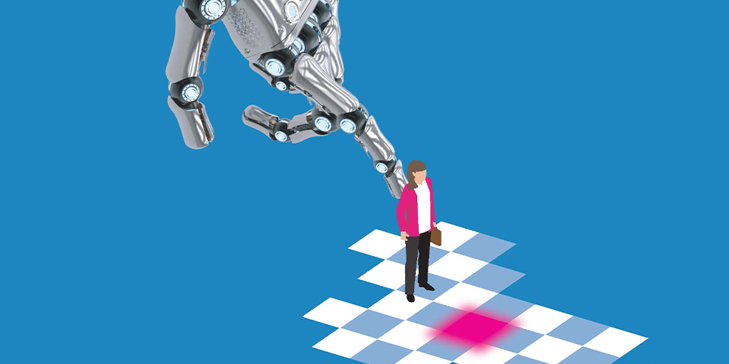 Illustration of robotic hand giving a human figure a nudge