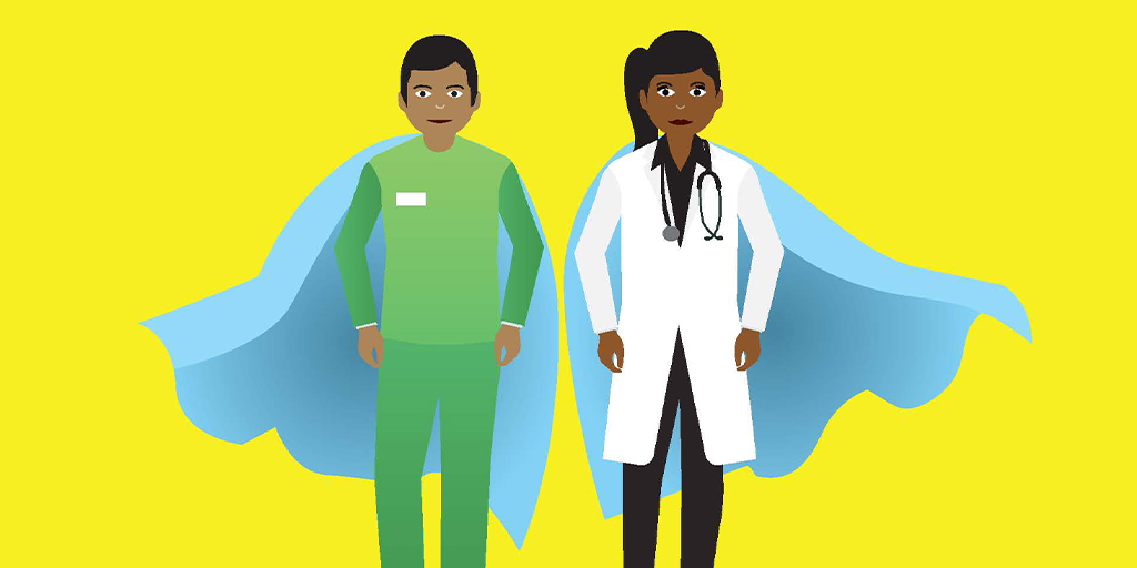 Illustration of medical ethnically diverse male and female personnel wearing a cape against a bright yellow background 