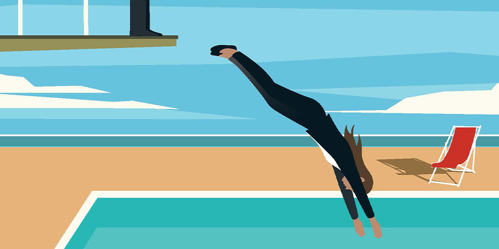 Illustration of woman in suit diving into a pool
